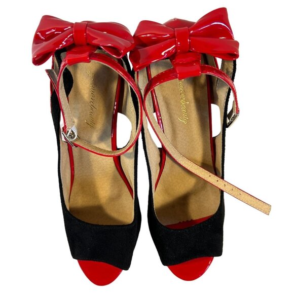 Getmorebeauty Red Patent & Black Suede Heels With Bow Detail - Picture 7 of 9